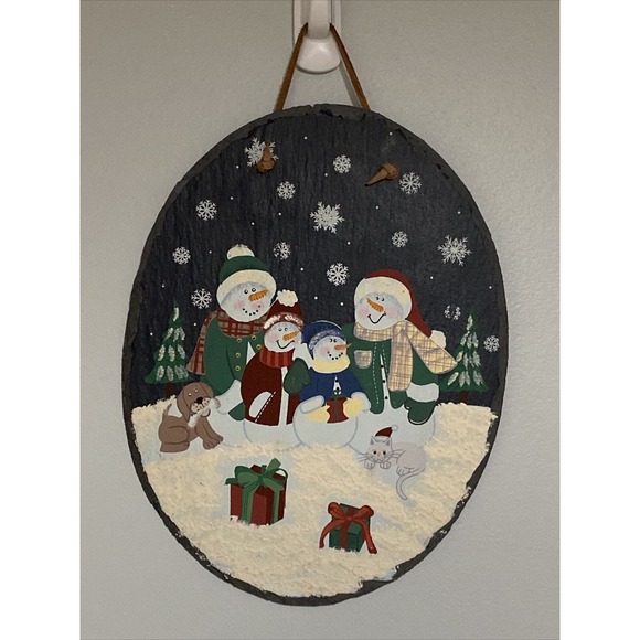 Hand Painted Snowman & Christmas Tree on Slate Holiday Winter Wall Decor Hanging - Picture 1 of 4